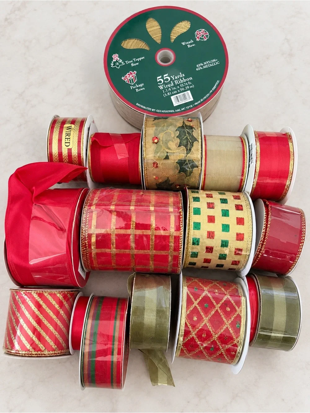 17-Roll Christmas Holiday Wired Ribbon Bundle Red Green Gold New